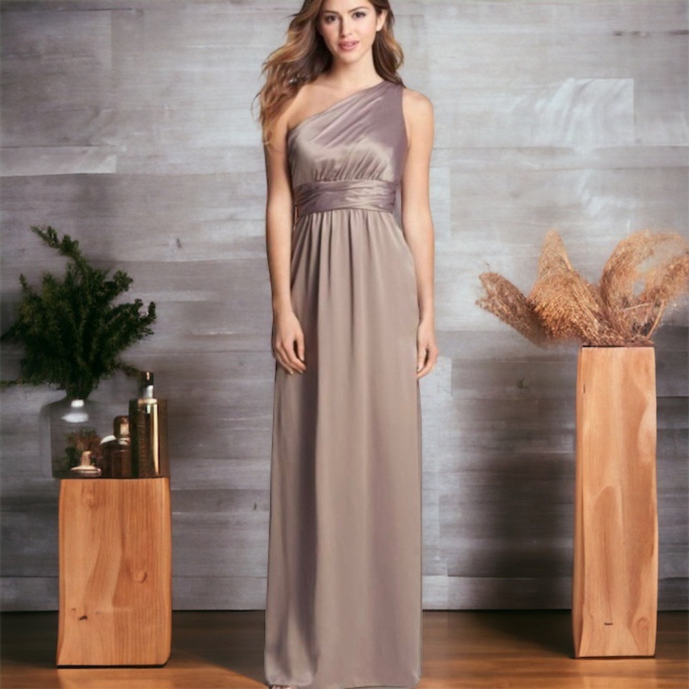 Amsale One Shoulder Charmeuse Truffle Gown Wedding / Prom NWT $260